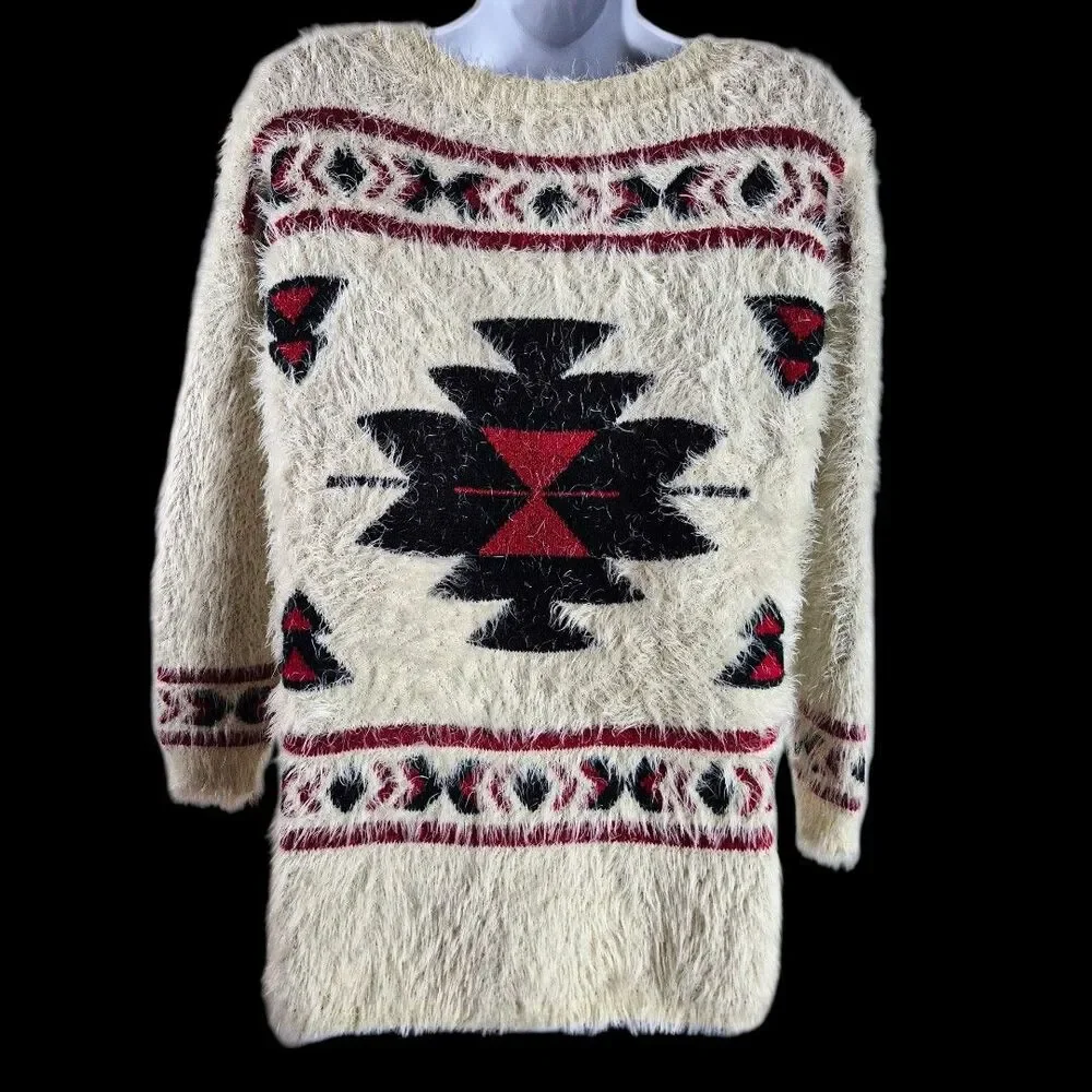 Aztec S Tribal Eyelash Sweater Hi Low Southwestern Cabincore Cozy Lodge Boho